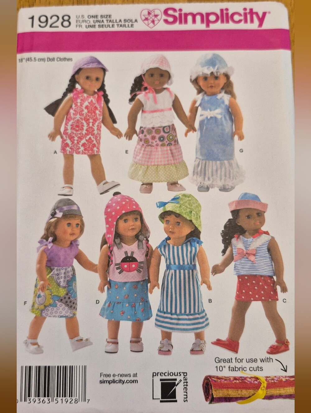 Simplicity 1928 Sewing Pattern 18" Doll Clothes Dress Hat UNCUT